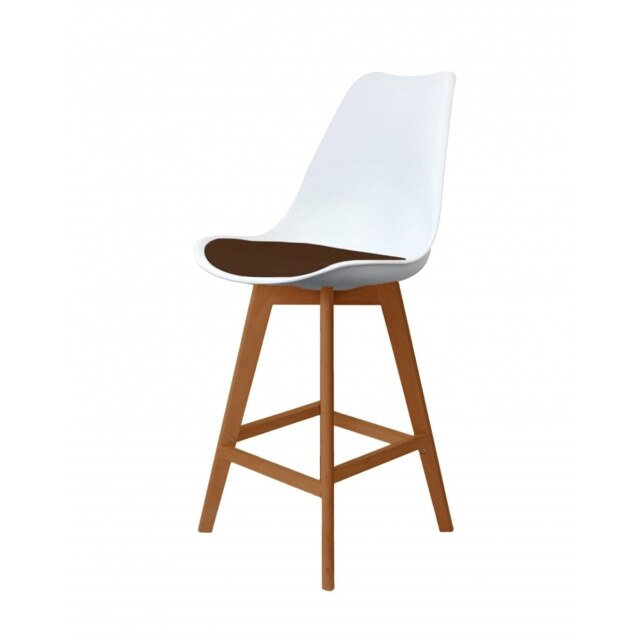 "Fusion Living Soho White and Chocolate Plastic Bar Stool with Medium Wood Legs "
