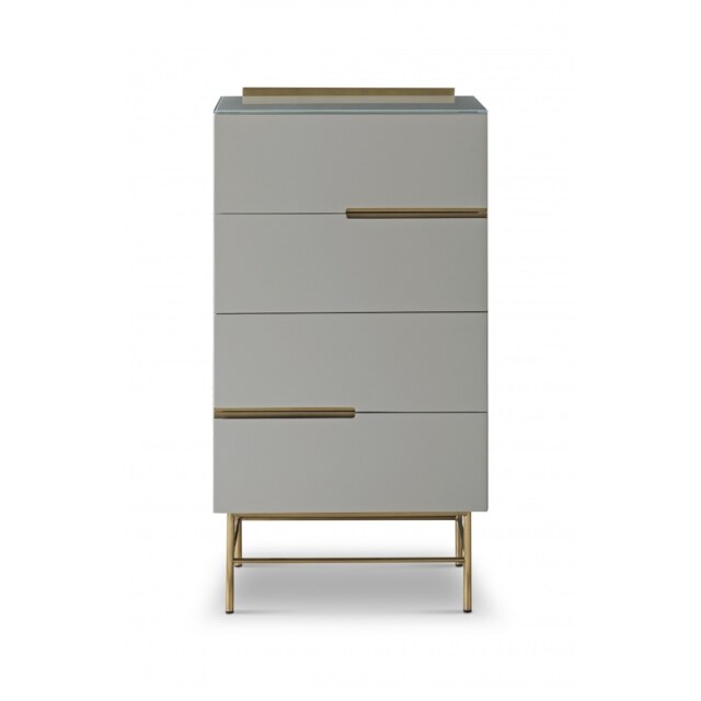 Gillmore Sleek - Contemporary Four Drawer Narrow Chest In Grey With Brass Frame And Accents Frame/Handle Colour: Brass, Unit Colour: Grey