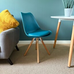 "Fusion Living Soho Teal Plastic Dining Chair with Pyramid Light Wood Legs "