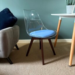 "Fusion Living Soho Clear and Blue Plastic Dining Chair with Squared Dark Wood Legs "