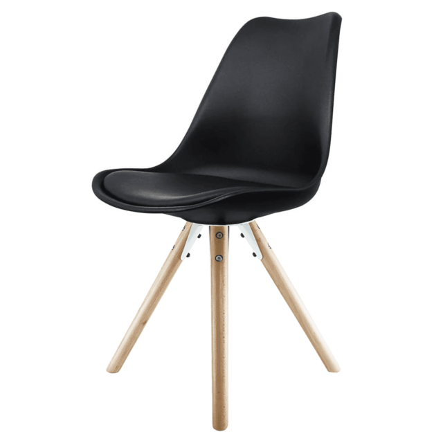 "Fusion Living Soho Black Plastic Dining Chair with Pyramid Light Wood Legs "