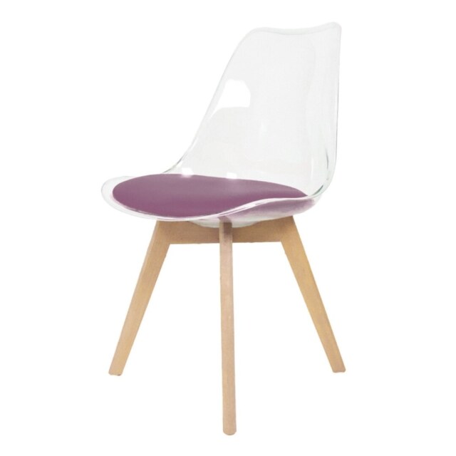 "Fusion Living Soho Clear and Aubergine Plastic Dining Chair with Squared Light Wood Legs - interlock "