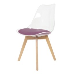 "Fusion Living Soho Clear and Aubergine Plastic Dining Chair with Squared Light Wood Legs - interlock "