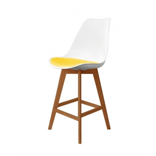 "Fusion Living Soho White and Yellow Plastic Bar Stool with Medium Wood Legs "