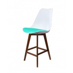"Fusion Living Soho White and Aqua Plastic Bar Stool with Dark Wood Legs "