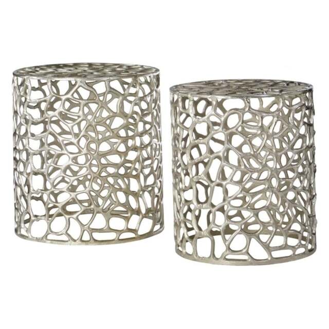 "Fusion Living Silver Circular Side Tables with Cut Out Detail "