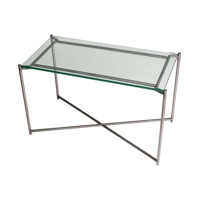"Gillmore Clear Glass Rectangular Side Table with Gun Metal Cross Base "