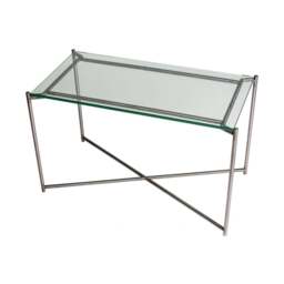"Gillmore Clear Glass Rectangular Side Table with Gun Metal Cross Base "