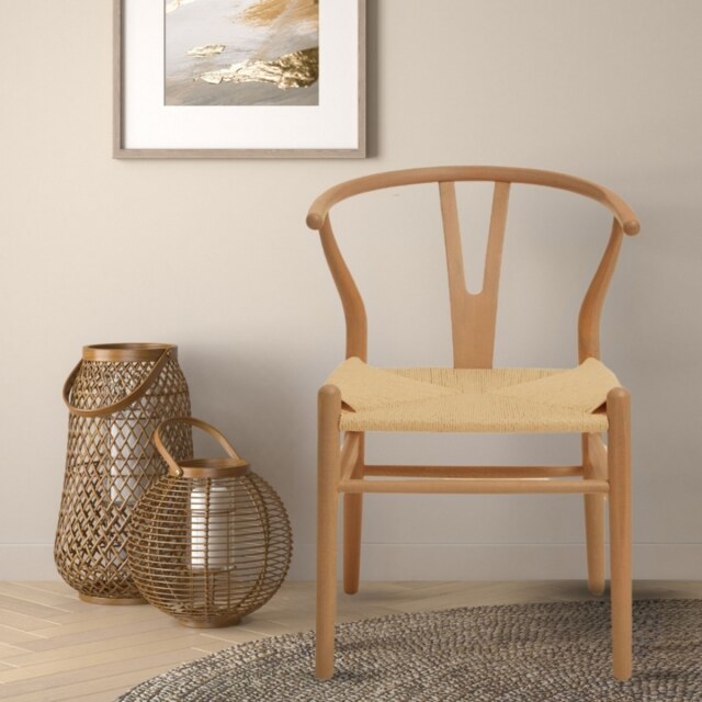 "Fusion Living Wishbone Beechwood And Natural Hemp Weave Dining Chair "
