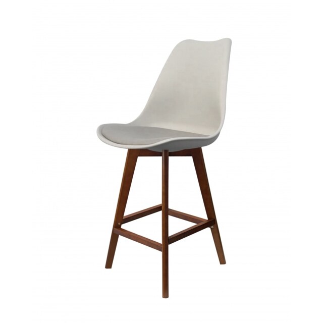"Fusion Living Soho Light Grey Plastic Bar Stool with Dark Wood Legs "