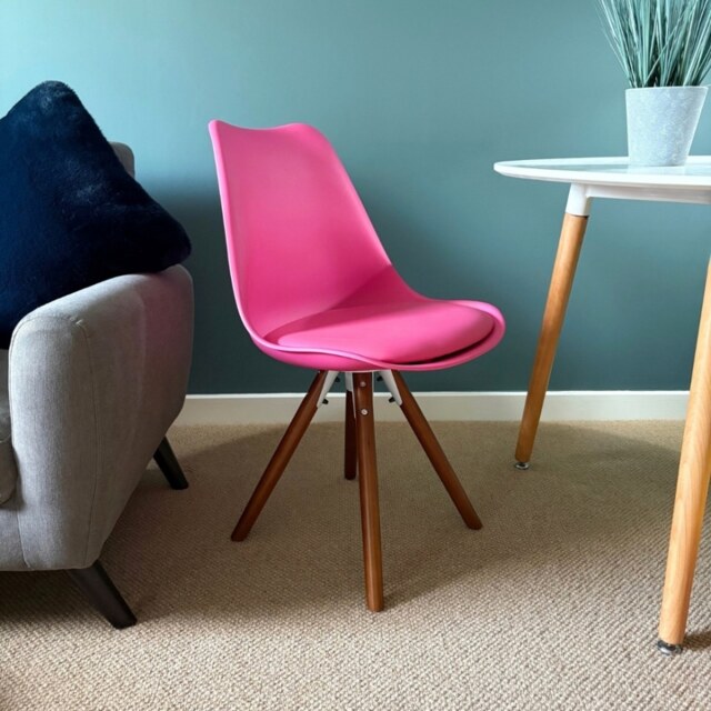 "Fusion Living Soho Bright Pink Plastic Dining Chair with Pyramid Dark Wood Legs "