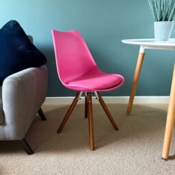 "Fusion Living Soho Bright Pink Plastic Dining Chair with Pyramid Dark Wood Legs "