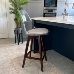 "Fusion Living Soho Clear and Light Grey Plastic Bar Stool with Dark Wood Legs "