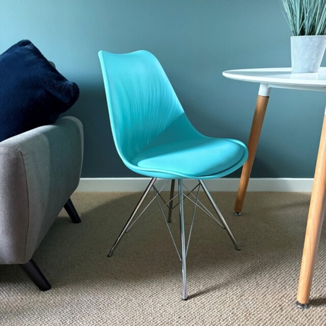 "Fusion Living Soho Aqua Blue Plastic Dining Chair with Chrome Metal Legs "