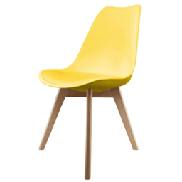 "Fusion Living Soho Yellow Plastic Dining Chair with Squared Light Wood Legs - interlock "