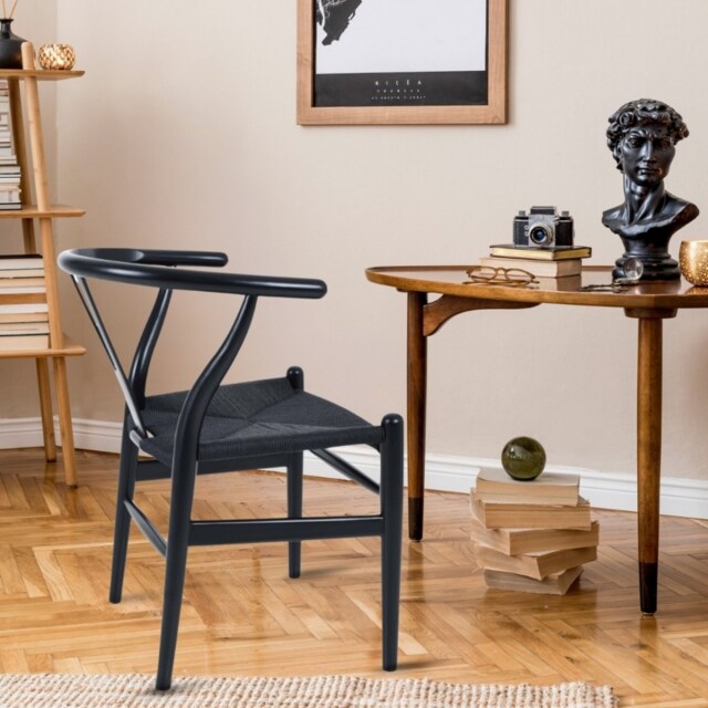 "Fusion Living Wishbone Black Beechwood And Black Hemp Weave Dining Chair  "