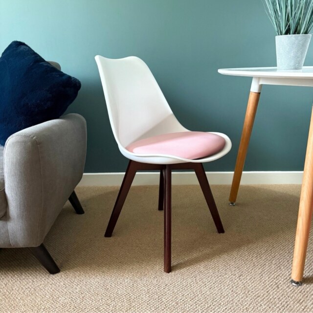 "Fusion Living Soho White and Blush Pink Dining Chair with Squared Dark Wood Legs - interlock "