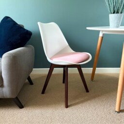"Fusion Living Soho White and Blush Pink Dining Chair with Squared Dark Wood Legs - interlock "