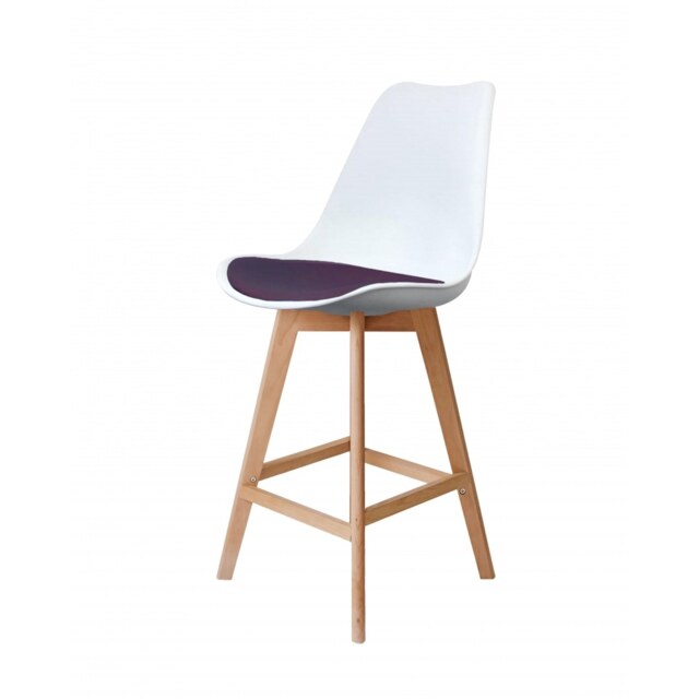"Fusion Living Soho White and Aubergine Plastic Bar Stool with Light Wood Legs "