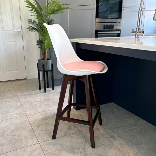 "Fusion Living Soho White and Blush Pink Plastic Bar Stool with Dark Wood Legs "