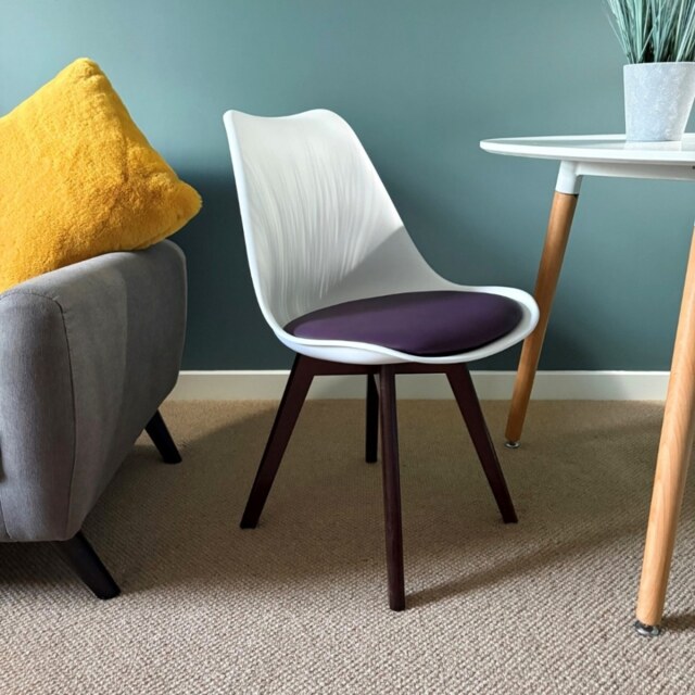 "Fusion Living Soho White and Aubergine Purple Plastic Dining Chair with Squared Dark Wood Legs - interlock "