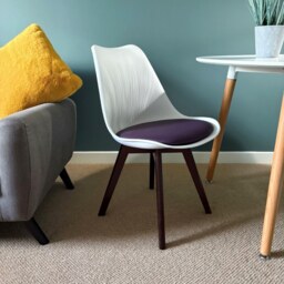 "Fusion Living Soho White and Aubergine Purple Plastic Dining Chair with Squared Dark Wood Legs - interlock "