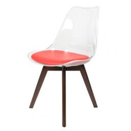 "Fusion Living Soho Clear and Red Plastic Dining Chair with Squared Dark Wood Legs "
