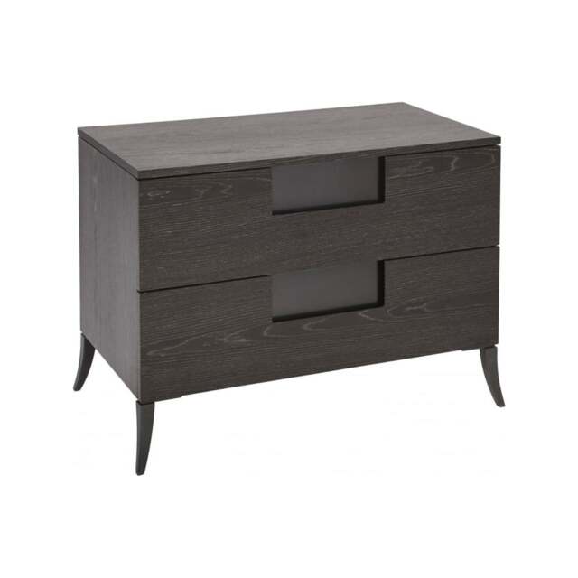 "Gillmore Wide Bedside Chest in Dark Charcoal Wood with Gun Metal Legs "