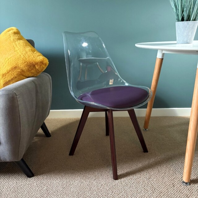 "Fusion Living Soho Clear and Aubergine Plastic Dining Chair with Squared Dark Wood Legs "