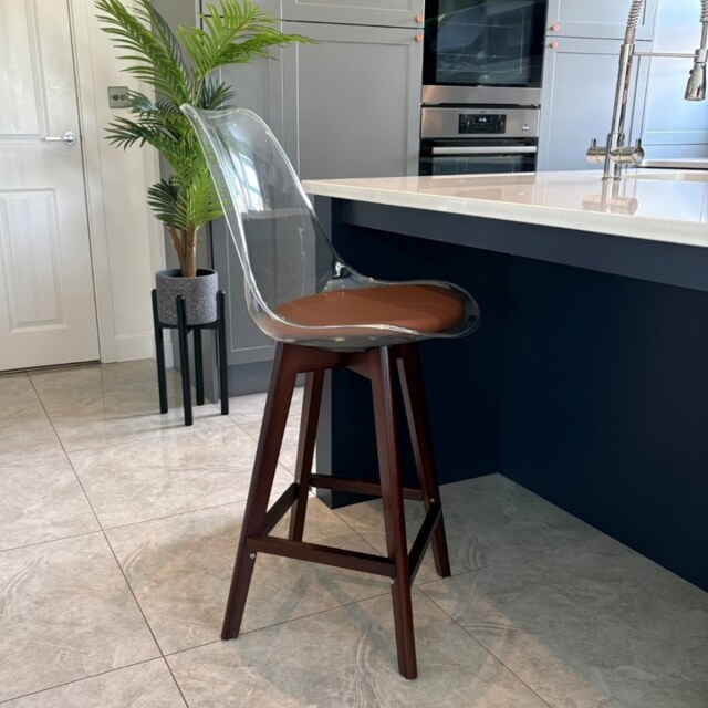 "Fusion Living Soho Clear and Chocolate Plastic Bar Stool with Dark Wood Legs "