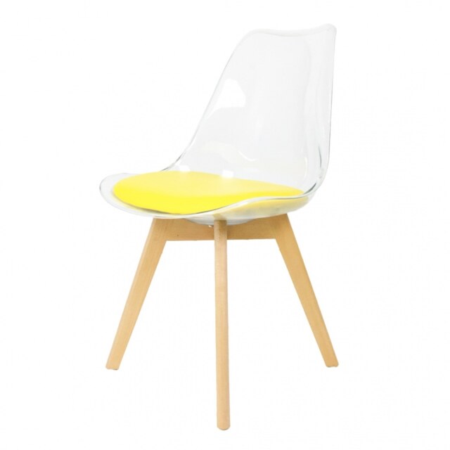 "Fusion Living Soho Clear and Yellow Plastic Dining Chair with Squared Light Wood Legs - interlock "