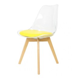 "Fusion Living Soho Clear and Yellow Plastic Dining Chair with Squared Light Wood Legs - interlock "