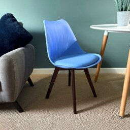 "Fusion Living Soho Blue Plastic Dining Chair with Squared Dark Wood Legs - interlock "