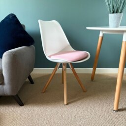 "Fusion Living Soho White and Blush Pink Dining Chair with Pyramid Light Wood Legs "