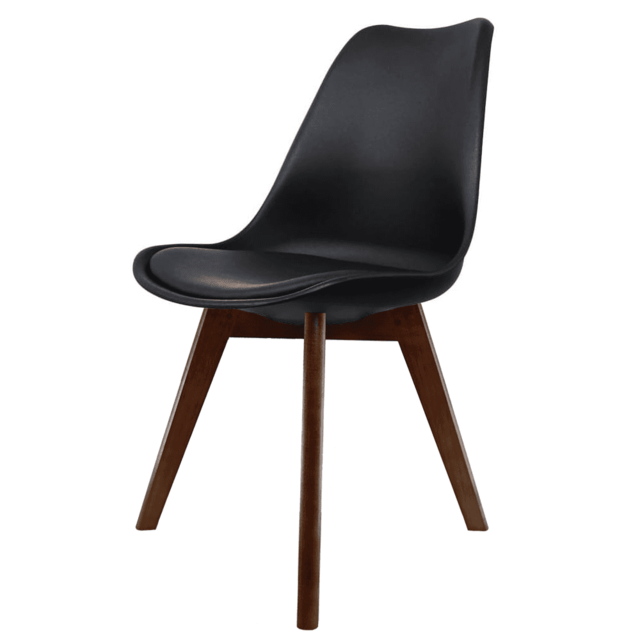 "Fusion Living Soho Black Plastic Dining Chair with Squared Dark Wood Legs - interlock "