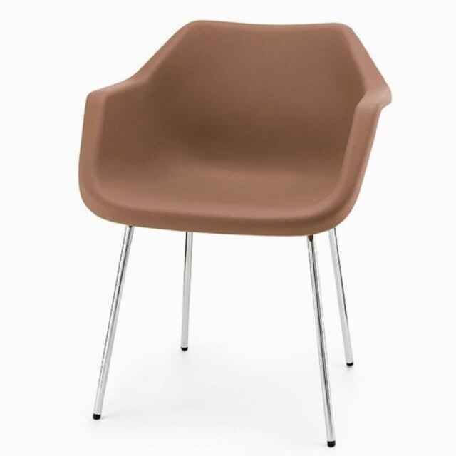 Hille Brown Robin Day Plastic Armchair leg colour: Chrome Effect Silver
