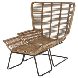 "Fusion Living Grey Wash Natural Rattan Lounge Chair And Footstool Set With Black Iron Legs "
