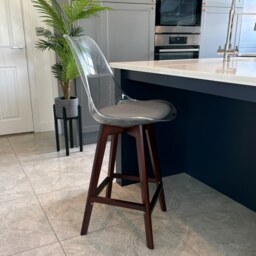 "Fusion Living Soho Clear and Dark Grey Plastic Bar Stool with Dark Wood Legs "