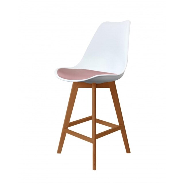 "Fusion Living Soho White and Blush Pink Plastic Bar Stool with Medium Wood Legs "