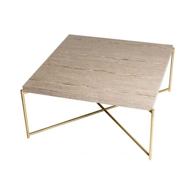 "Gillmore Weathered Oak Square Coffee Table with Brass Cross Base "