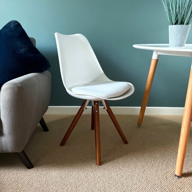 "Fusion Living Soho White Plastic Dining Chair with Pyramid Dark Wood Legs "