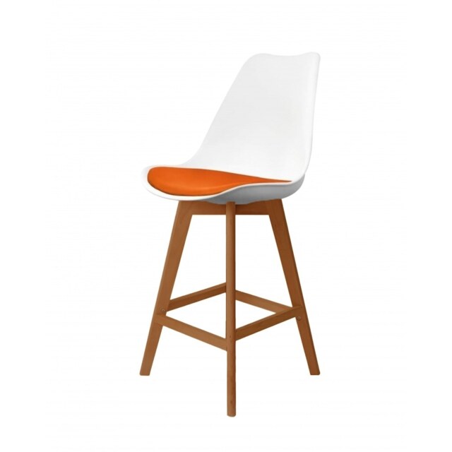 "Fusion Living Soho White and Orange Plastic Bar Stool with Medium Wood Legs "