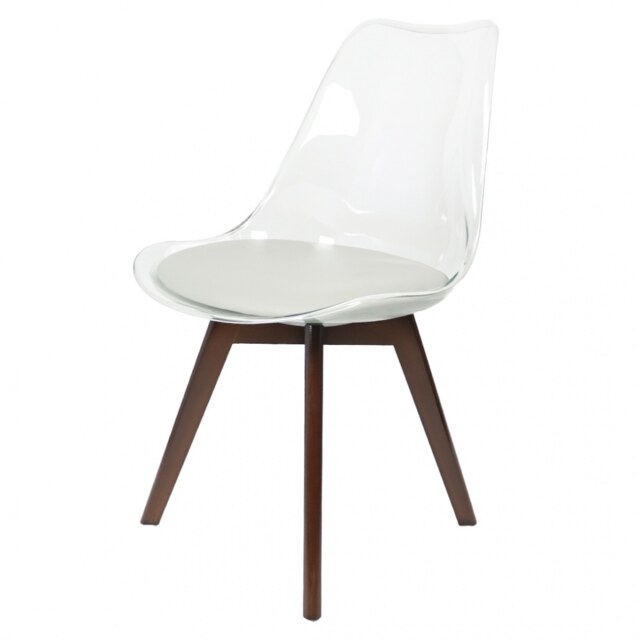 "Fusion Living Soho Clear and Light Grey Plastic Dining Chair with Squared Dark Wood Legs - interlock "