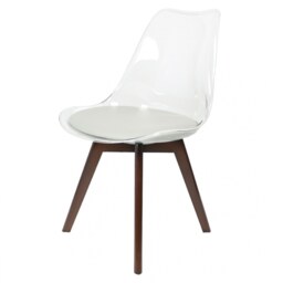 "Fusion Living Soho Clear and Light Grey Plastic Dining Chair with Squared Dark Wood Legs - interlock "