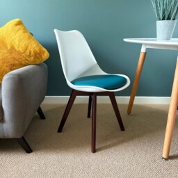 "Fusion Living Soho White and Teal Dining Chair with Squared Dark Wood Legs - interlock "
