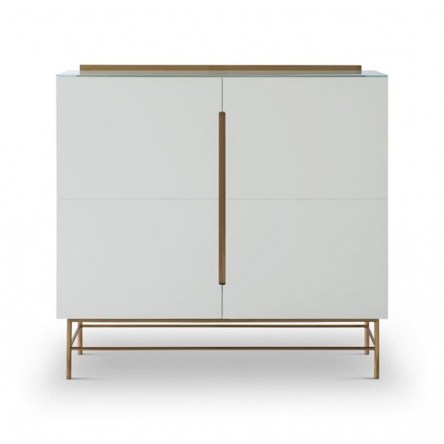 Gillmore Sleek - Contemporary Two Door High Sideboard In White With Brass Frame And Accents Frame/Handle Colour: Brass, Unit Colour: White