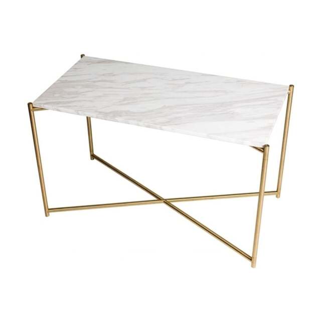 "Gillmore White Marble Rectangular Side Table with Brass Cross Base "