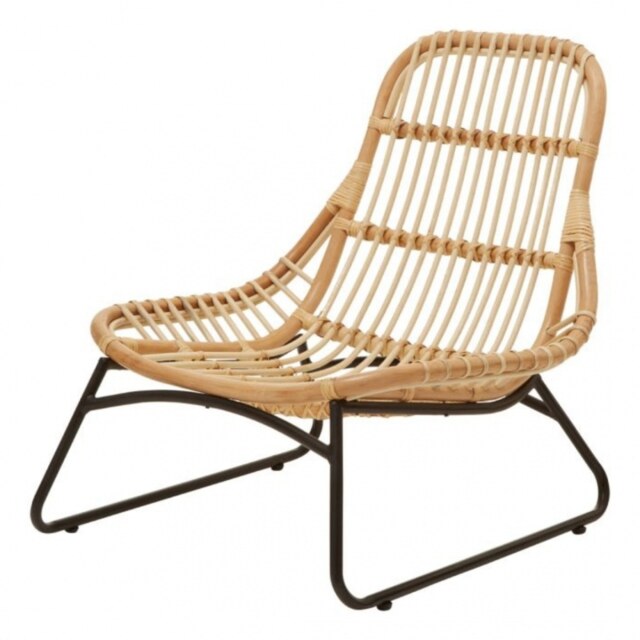"Fusion Living Natural Rattan Relaxed Lounge Chair With Black Metal  "