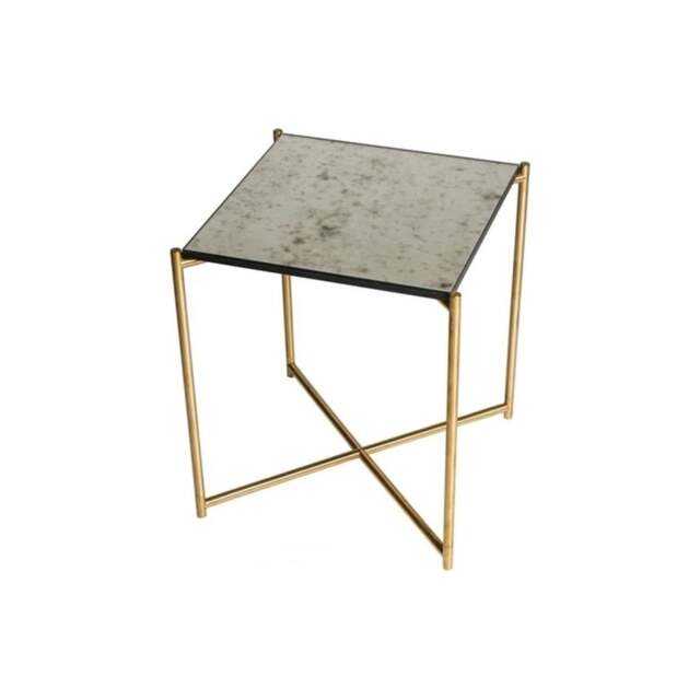 "Gillmore Antiqued Glass Square Side Table with Brass Cross Base "