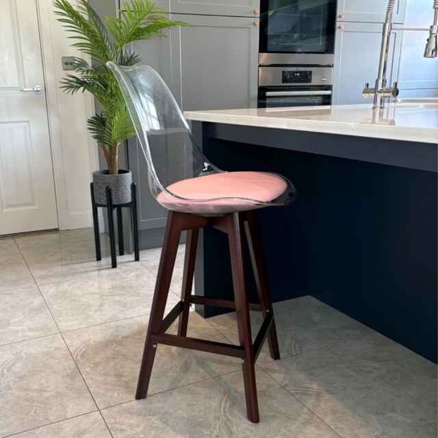"Fusion Living Soho Clear and Blush Pink Plastic Bar Stool with Dark Wood Legs "